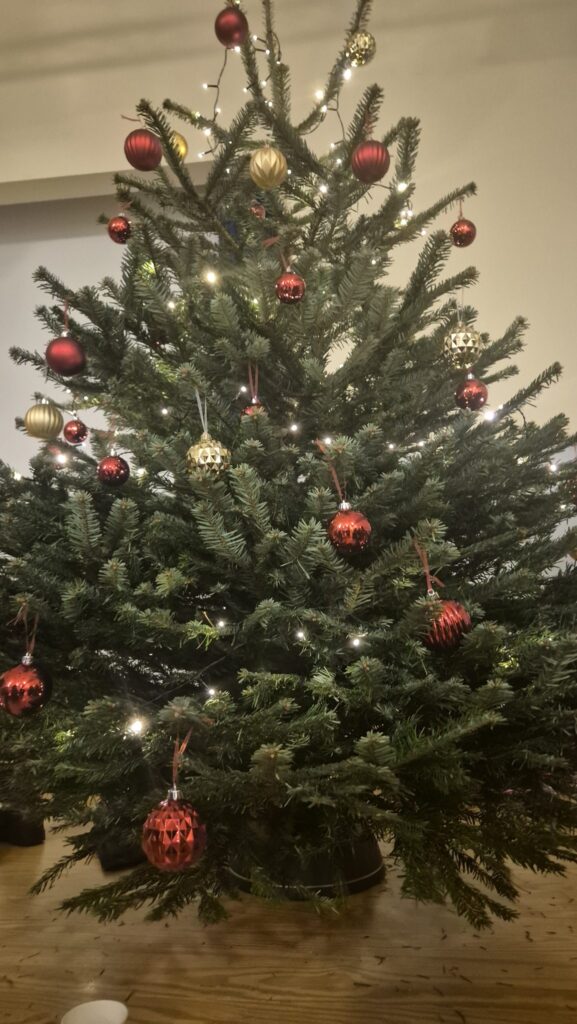 Geschmückter Weihnachtsbaum mit roten Kugeln
